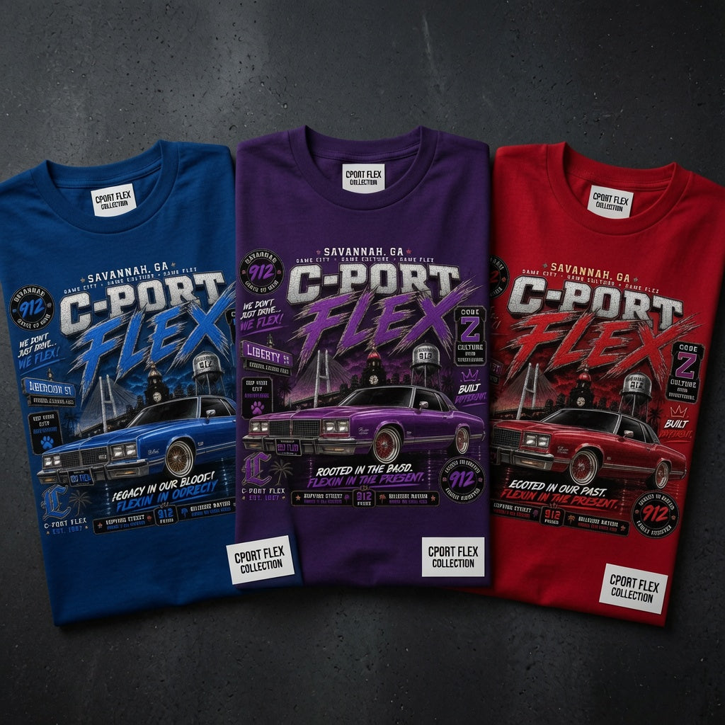 C-Port Flex Collection - Blue, Purple, and Red colorway graphic tees