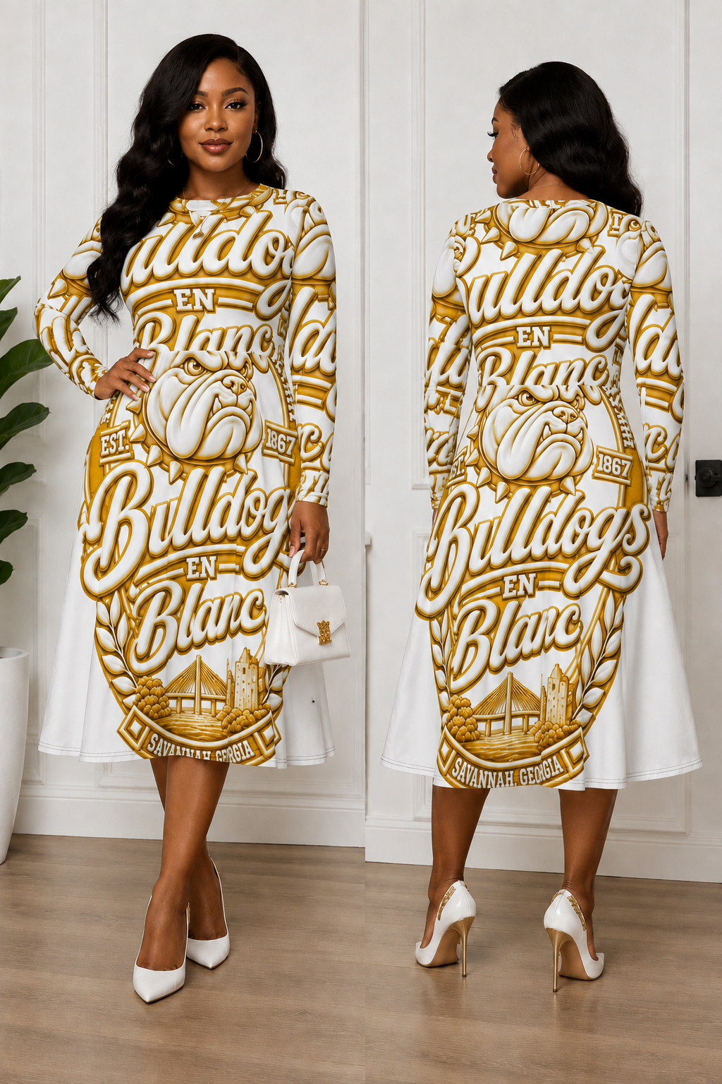 EN BLANC®
 & Gold All-over print long sleeve midi dress